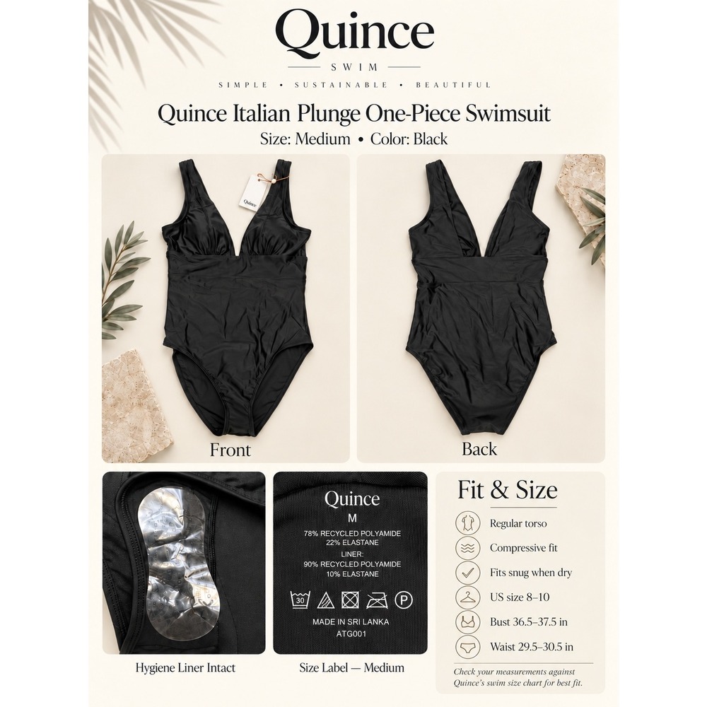 Quince Italian Plunge One-Piece Swimsuit Medium Black NWT Sustainable Swimwear